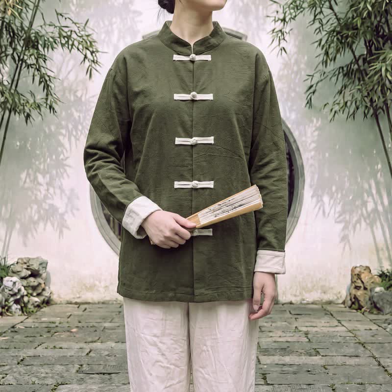 Buddha Stones Frühling Herbst Tang Style Minimalist Mandarin Collar Frog Button Solid Cotton Damen Langarmhemden - image 11