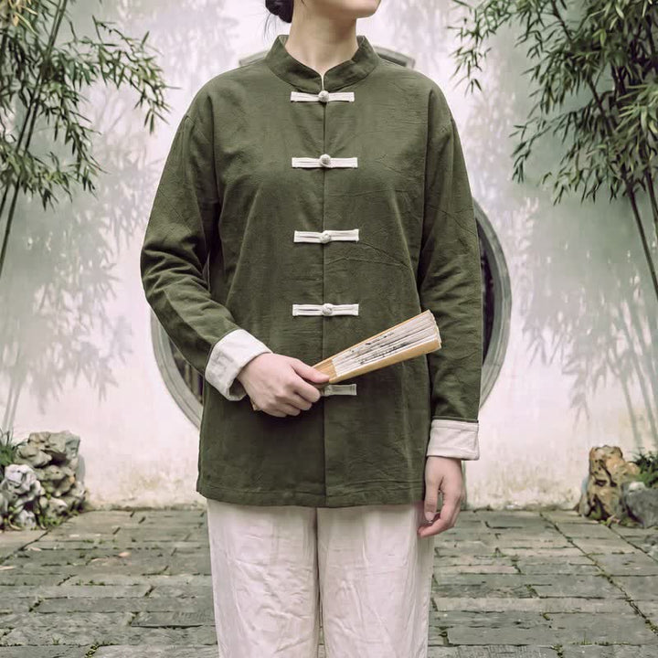 Buddha Stones Frühling Herbst Tang Style Minimalist Mandarin Collar Frog Button Solid Cotton Damen Langarmhemden - image 11