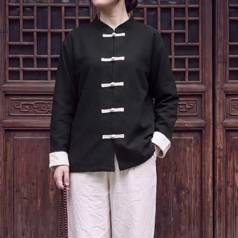 Buddha Stones Frühling Herbst Tang Style Minimalist Mandarin Collar Frog Button Solid Cotton Damen Langarmhemden - image 13