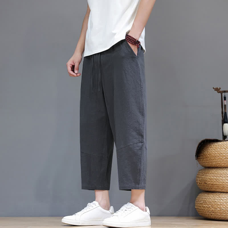 Buddha Stones Lässige, minimalistische Caprihose aus Baumwoll-Leinen-Mischgewebe mit Kordelzug für Frühling und Sommer, mit Tasche - image 6