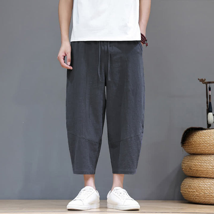 Buddha Stones Lässige, minimalistische Caprihose aus Baumwoll-Leinen-Mischgewebe mit Kordelzug für Frühling und Sommer, mit Tasche - image 1