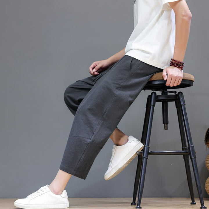 Buddha Stones Lässige, minimalistische Caprihose aus Baumwoll-Leinen-Mischgewebe mit Kordelzug für Frühling und Sommer, mit Tasche - image 7