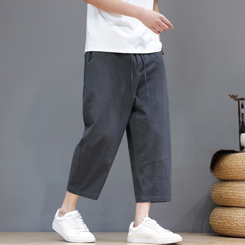 Buddha Stones Lässige, minimalistische Caprihose aus Baumwoll-Leinen-Mischgewebe mit Kordelzug für Frühling und Sommer, mit Tasche - image 3