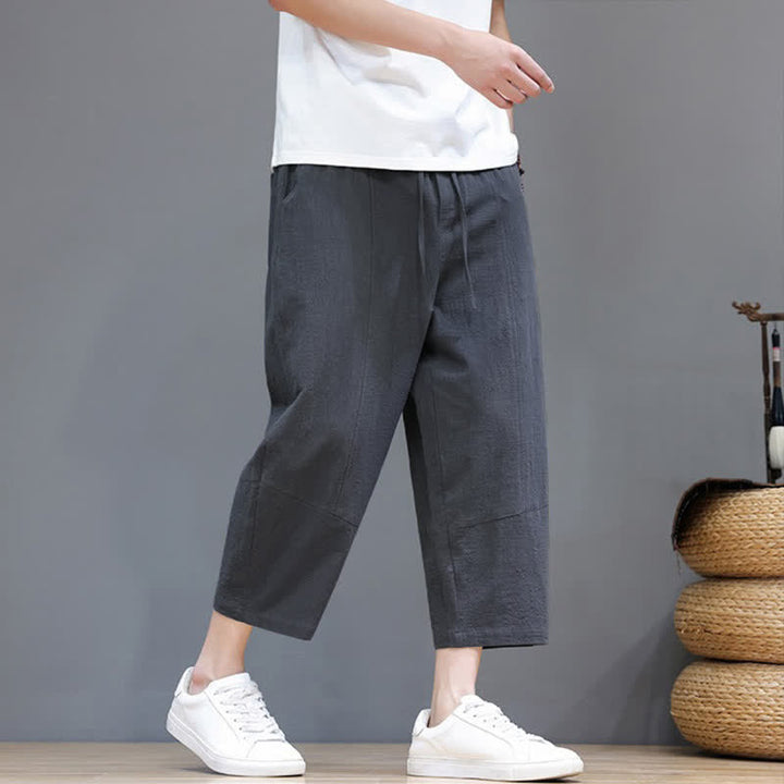 Buddha Stones Lässige, minimalistische Caprihose aus Baumwoll-Leinen-Mischgewebe mit Kordelzug für Frühling und Sommer, mit Tasche - image 3
