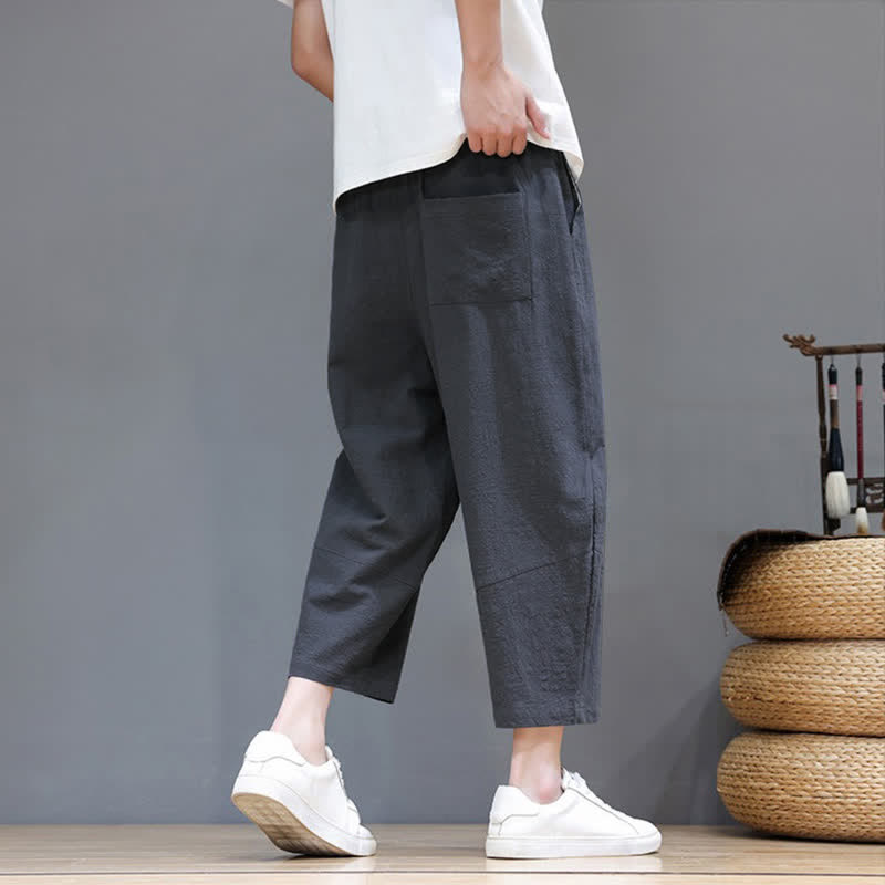 Buddha Stones Lässige, minimalistische Caprihose aus Baumwoll-Leinen-Mischgewebe mit Kordelzug für Frühling und Sommer, mit Tasche - image 4