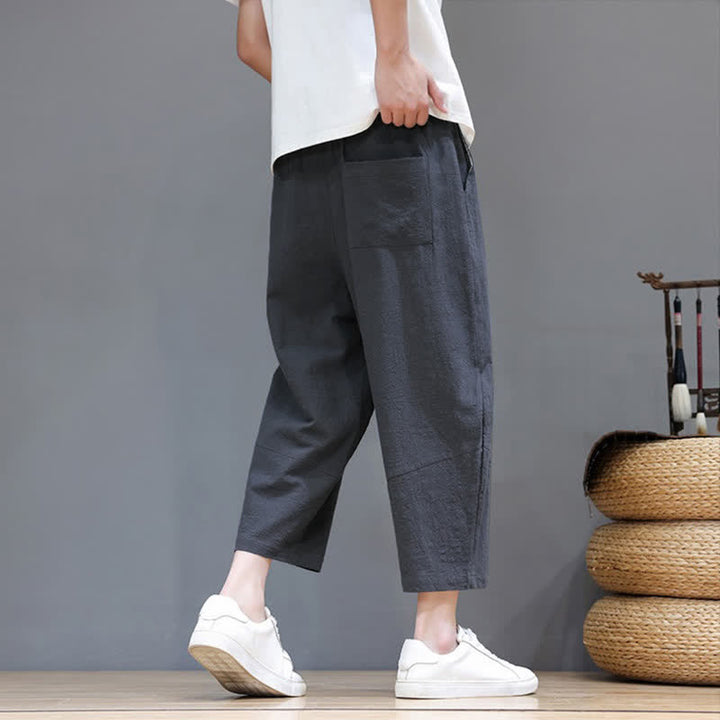 Buddha Stones Lässige, minimalistische Caprihose aus Baumwoll-Leinen-Mischgewebe mit Kordelzug für Frühling und Sommer, mit Tasche - image 4