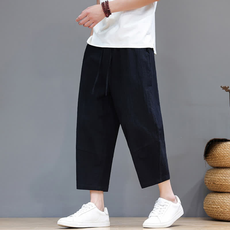 Buddha Stones Lässige, minimalistische Caprihose aus Baumwoll-Leinen-Mischgewebe mit Kordelzug für Frühling und Sommer, mit Tasche - image 14