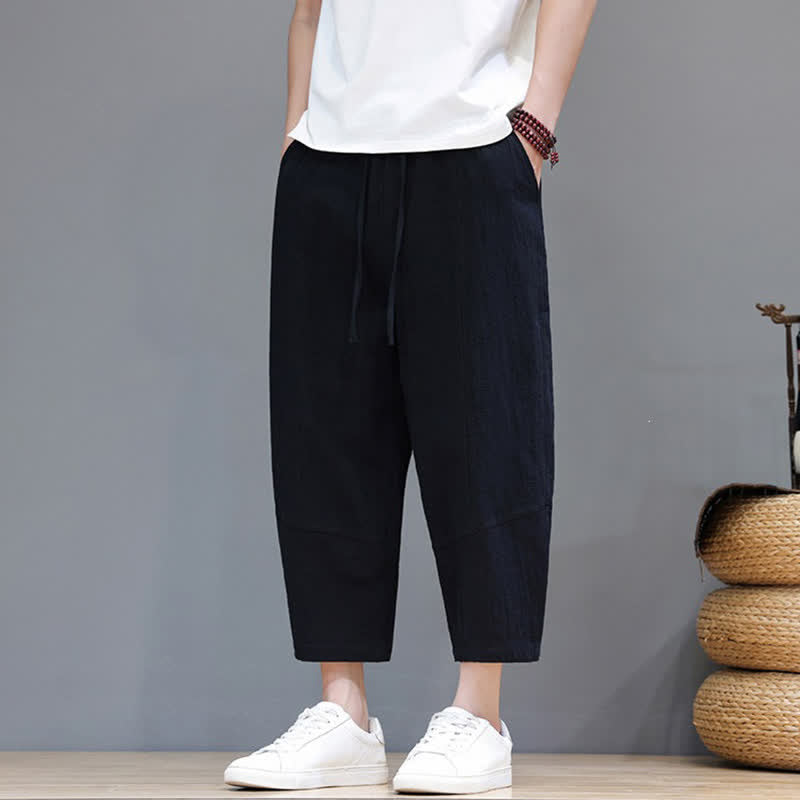 Buddha Stones Lässige, minimalistische Caprihose aus Baumwoll-Leinen-Mischgewebe mit Kordelzug für Frühling und Sommer, mit Tasche - image 10