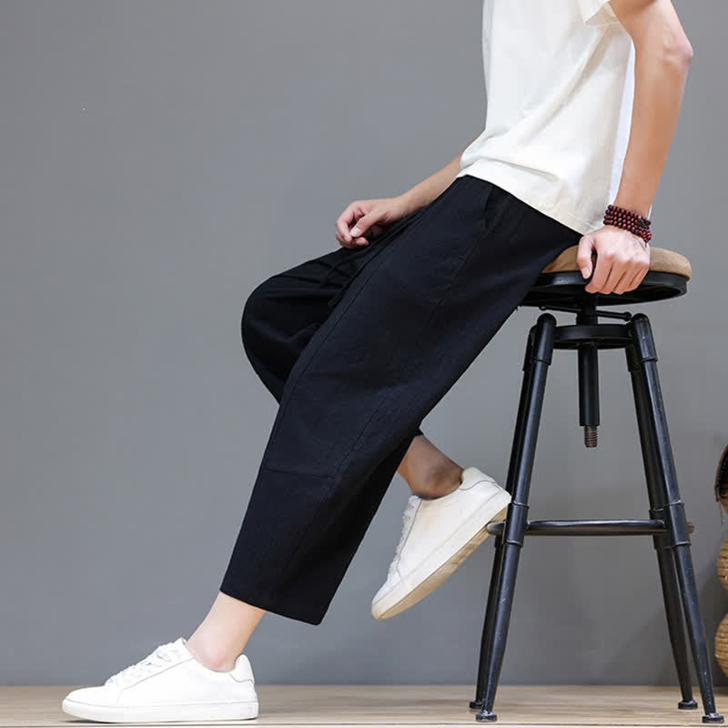 Buddha Stones Lässige, minimalistische Caprihose aus Baumwoll-Leinen-Mischgewebe mit Kordelzug für Frühling und Sommer, mit Tasche - image 15