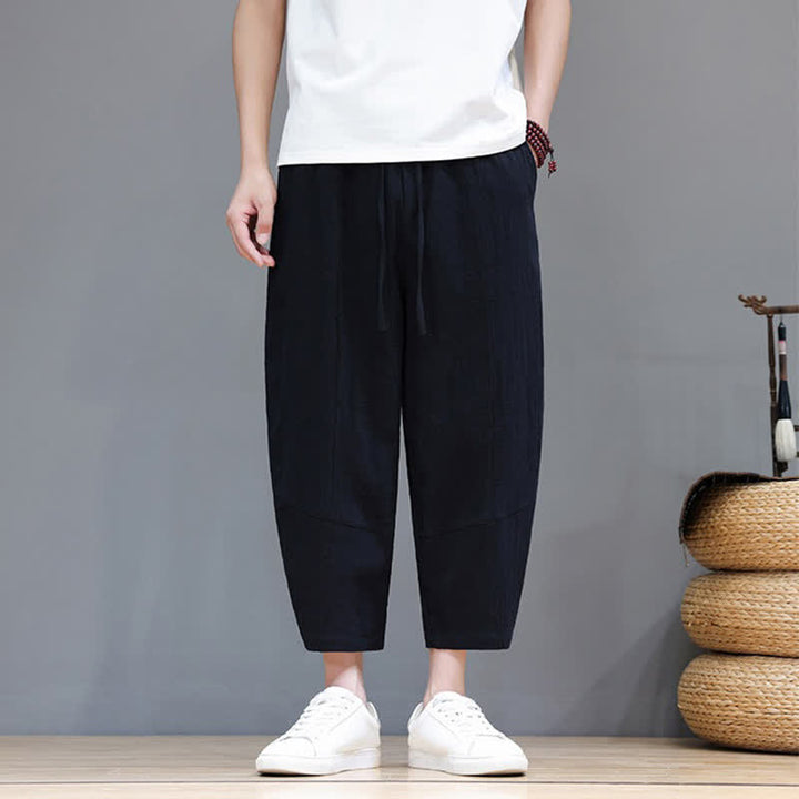 Buddha Stones Lässige, minimalistische Caprihose aus Baumwoll-Leinen-Mischgewebe mit Kordelzug für Frühling und Sommer, mit Tasche - Schwarz - US/UK/AU46, EU56 (5XL) - image 8