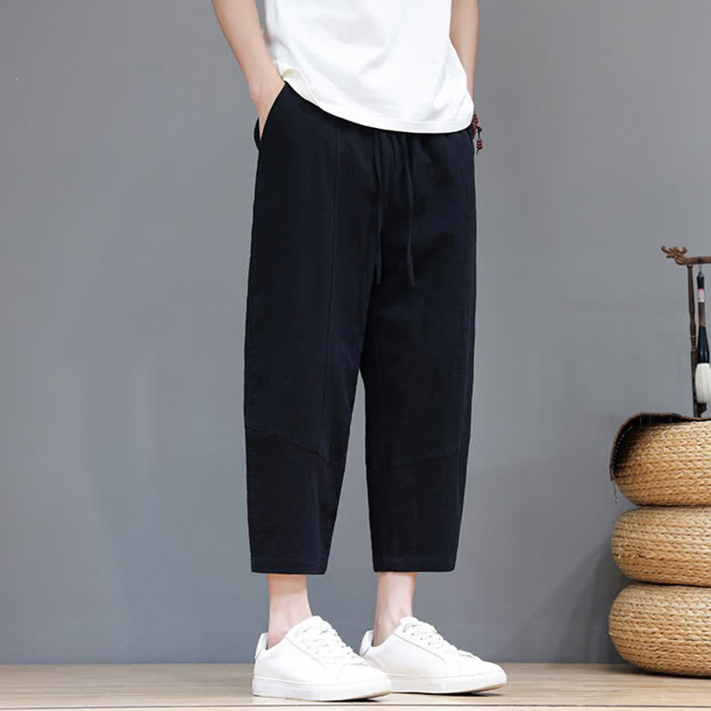 Buddha Stones Lässige, minimalistische Caprihose aus Baumwoll-Leinen-Mischgewebe mit Kordelzug für Frühling und Sommer, mit Tasche - image 9