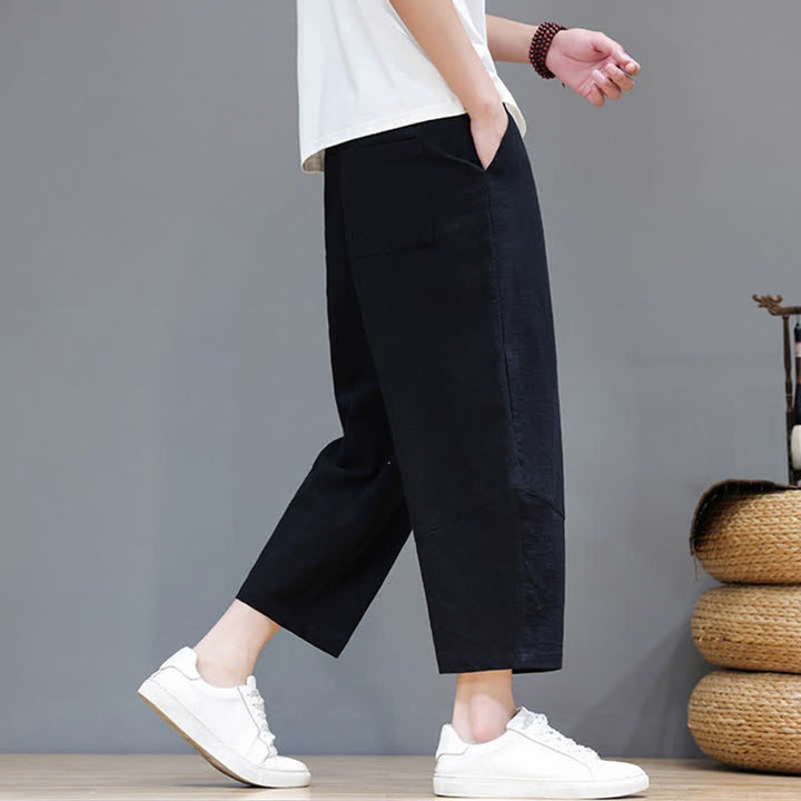 Buddha Stones Lässige, minimalistische Caprihose aus Baumwoll-Leinen-Mischgewebe mit Kordelzug für Frühling und Sommer, mit Tasche - image 11