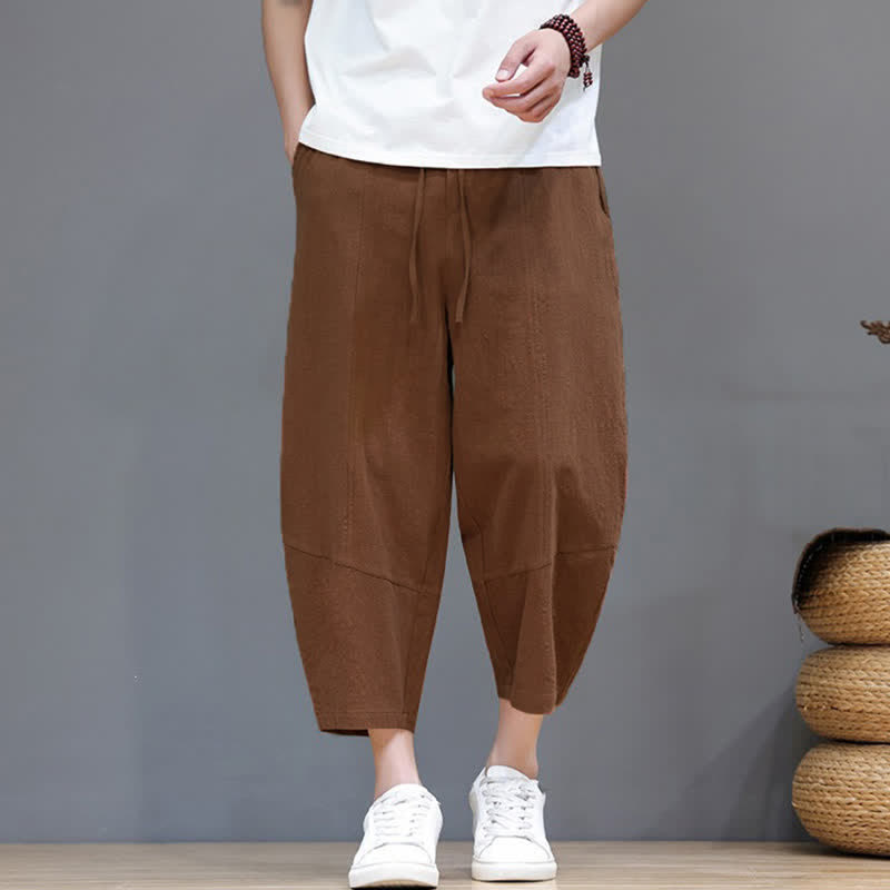 Buddha Stones Lässige, minimalistische Caprihose aus Baumwoll-Leinen-Mischgewebe mit Kordelzug für Frühling und Sommer, mit Tasche - Peru - US/UK/AU46, EU56 (5XL) - image 16