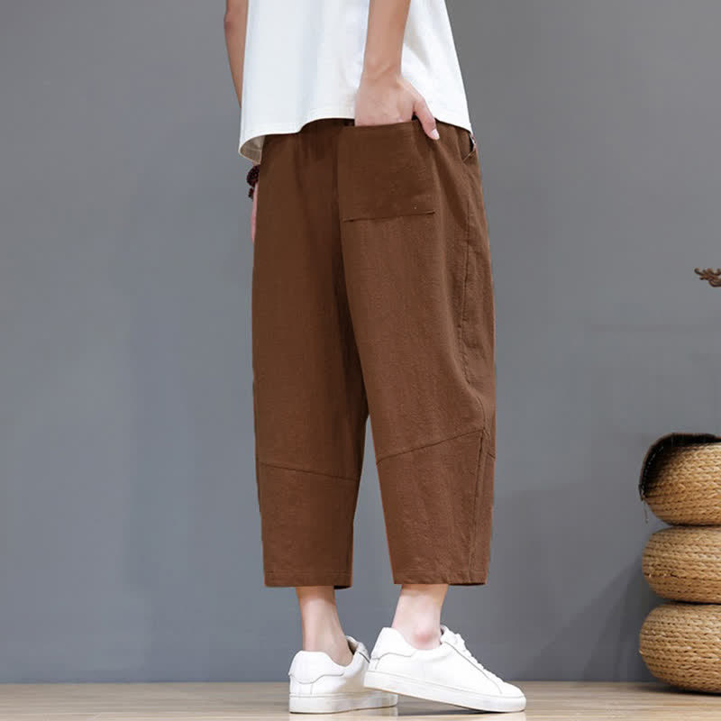 Buddha Stones Lässige, minimalistische Caprihose aus Baumwoll-Leinen-Mischgewebe mit Kordelzug für Frühling und Sommer, mit Tasche - image 19