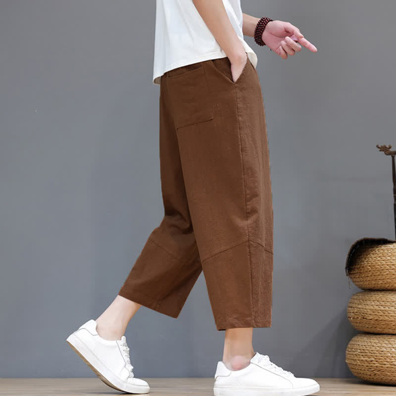 Buddha Stones Lässige, minimalistische Caprihose aus Baumwoll-Leinen-Mischgewebe mit Kordelzug für Frühling und Sommer, mit Tasche - image 20