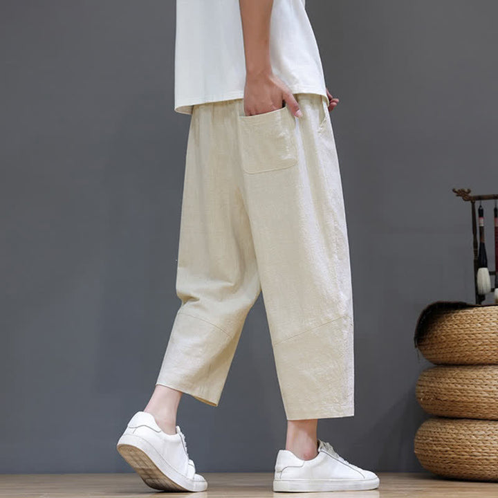 Buddha Stones Lässige, minimalistische Caprihose aus Baumwoll-Leinen-Mischgewebe mit Kordelzug für Frühling und Sommer, mit Tasche - image 29