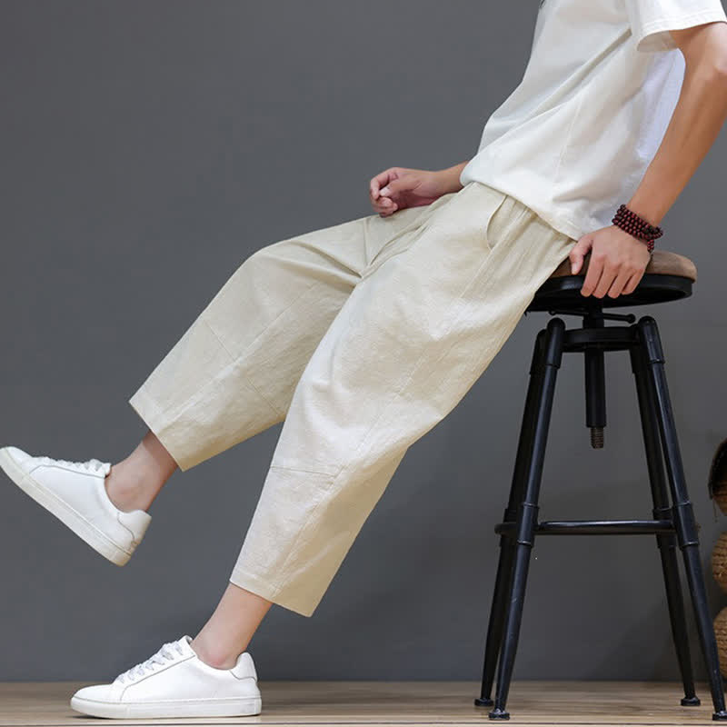 Buddha Stones Lässige, minimalistische Caprihose aus Baumwoll-Leinen-Mischgewebe mit Kordelzug für Frühling und Sommer, mit Tasche - image 32