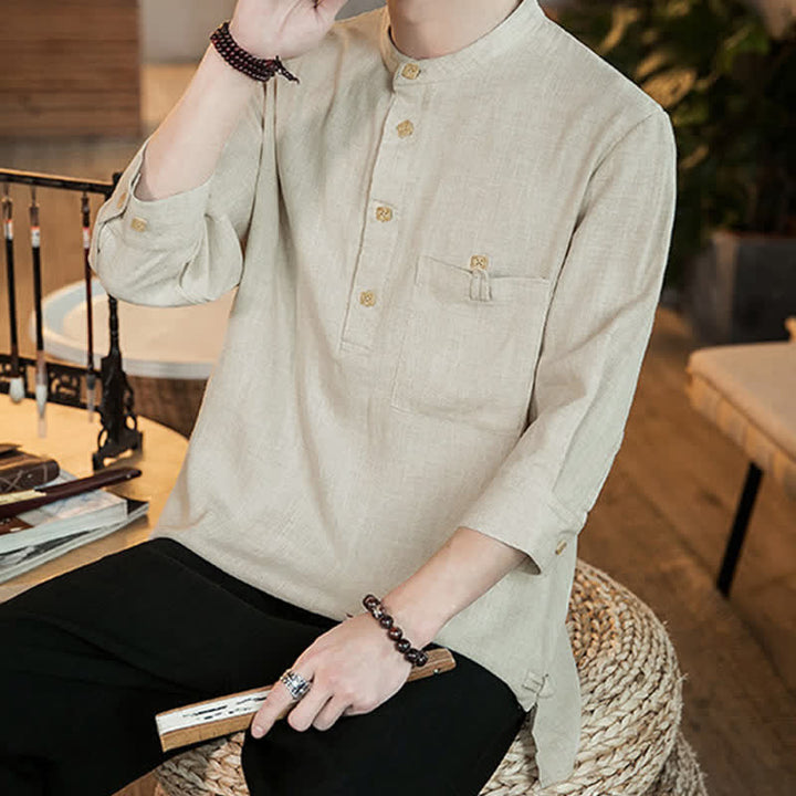 Buddha Stones Lässiges Herrenhemd im Tang-Stil mit Stehkragen, aufgesetzter Tasche und langen Ärmeln für Frühling und Sommer. - image 23