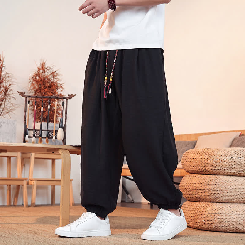 Buddha Stones Lässige, einfarbige Herren-Cropped-Hose mit Kordelzug für Frühling und Sommer, gerades Bein und Tasche - Schwarz - US/UK/AU46, EU56 (5XL) - image 9