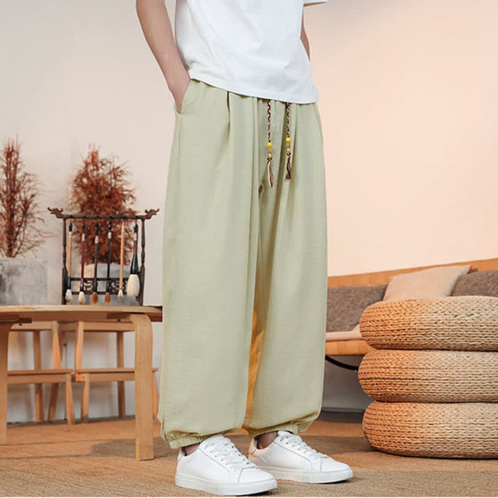 Buddha Stones Lässige, einfarbige Herren-Cropped-Hose mit Kordelzug für Frühling und Sommer, gerades Bein und Tasche - image 3
