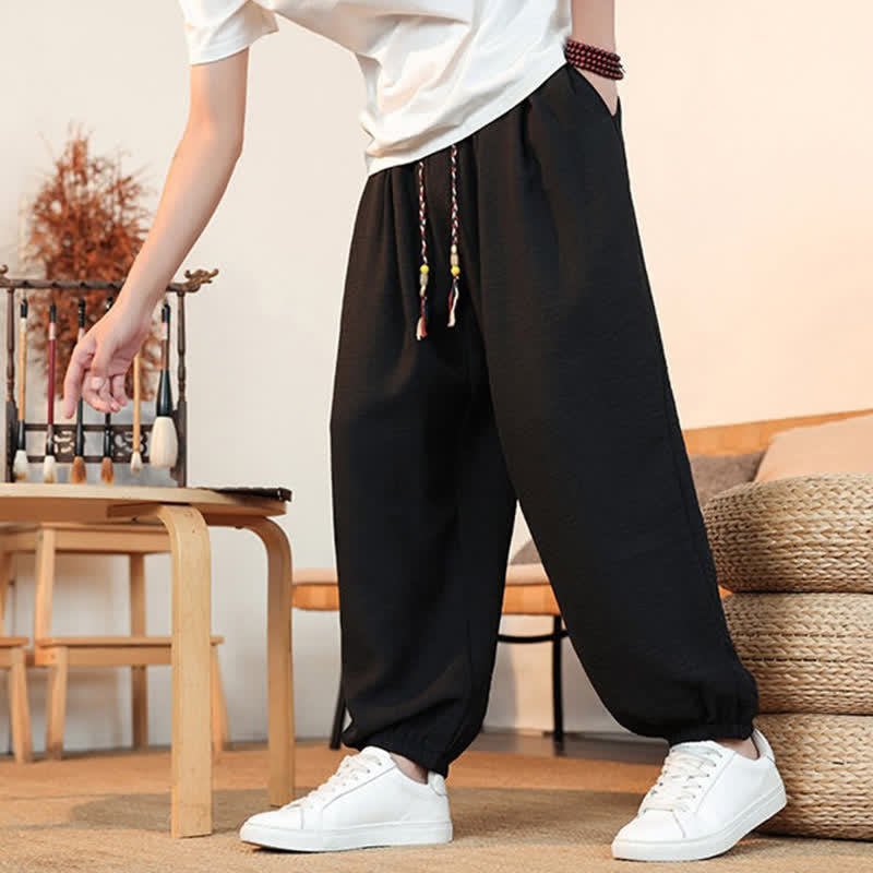 Buddha Stones Lässige, einfarbige Herren-Cropped-Hose mit Kordelzug für Frühling und Sommer, gerades Bein und Tasche - image 17