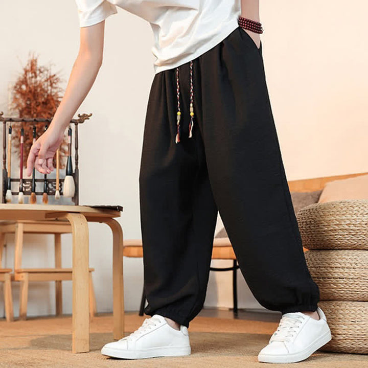 Buddha Stones Lässige, einfarbige Herren-Cropped-Hose mit Kordelzug für Frühling und Sommer, gerades Bein und Tasche - image 17