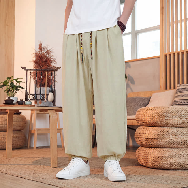 Buddha Stones Lässige, einfarbige Herren-Cropped-Hose mit Kordelzug für Frühling und Sommer, gerades Bein und Tasche - image 1