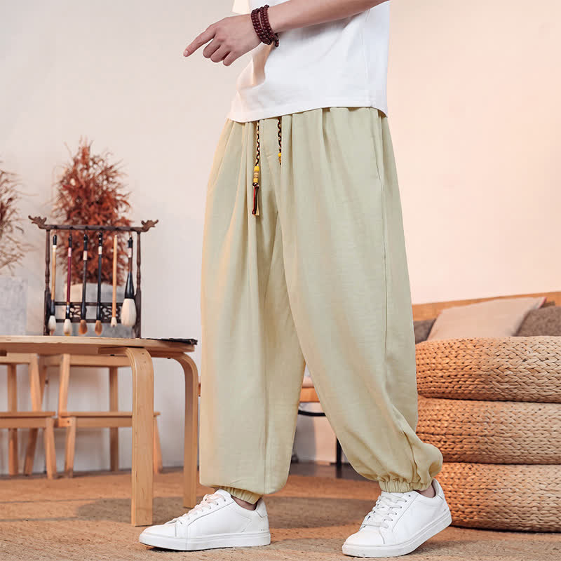 Buddha Stones Lässige, einfarbige Herren-Cropped-Hose mit Kordelzug für Frühling und Sommer, gerades Bein und Tasche - Beige - US/UK/AU46, EU56 (5XL) - image 0