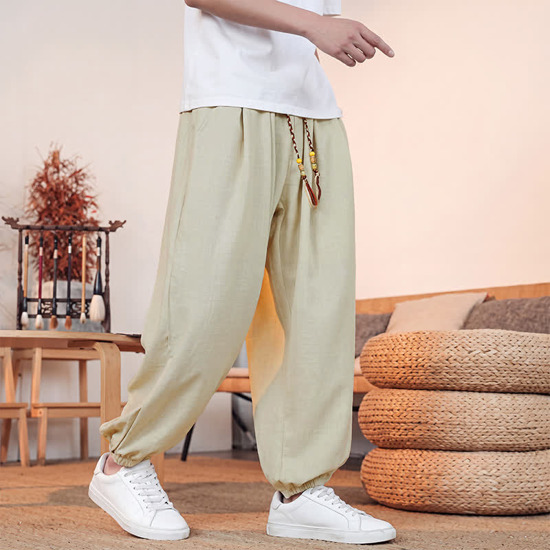 Buddha Stones Lässige, einfarbige Herren-Cropped-Hose mit Kordelzug für Frühling und Sommer, gerades Bein und Tasche - image 2