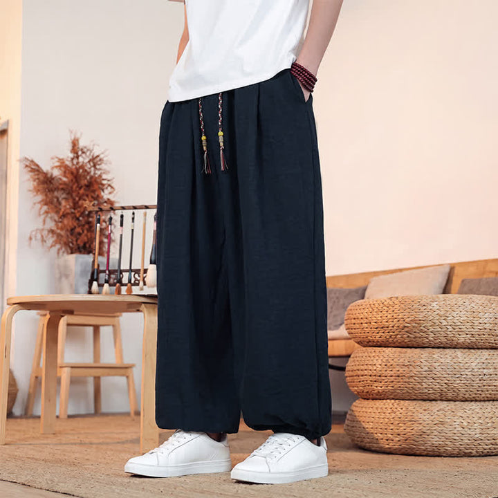 Buddha Stones Lässige, einfarbige Herren-Cropped-Hose mit Kordelzug für Frühling und Sommer, gerades Bein und Tasche - image 33