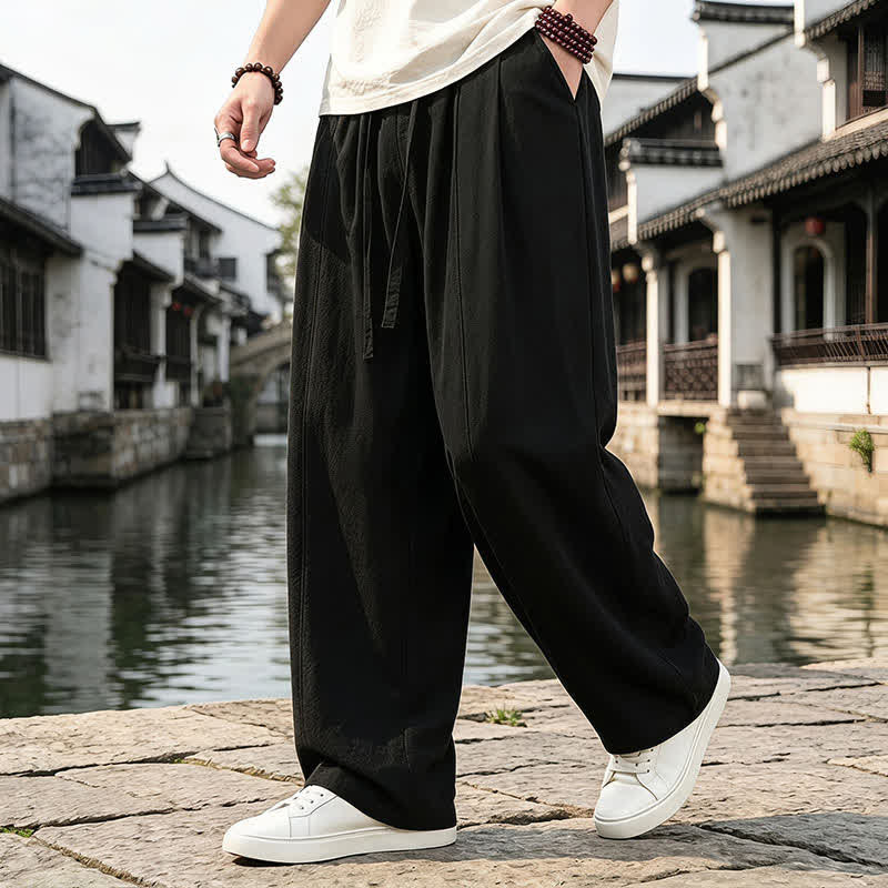 Buddha Stones Retro-Hose für Herren, schlicht, mit Kordelzug, geradem Bein und Tasche, ideal für Frühling und Sommer. - image 5