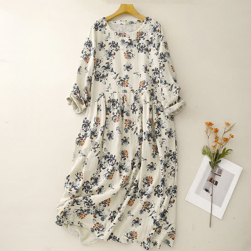 Buddha Stones Lässiges Boho-Kleid für Damen, Frühling/Herbst, mit Kordelzug, Blumenmuster, Rundhalsausschnitt, langen Ärmeln und Taschen - Beige - US14, UK/AU18, EU46 (2XL) - image 0