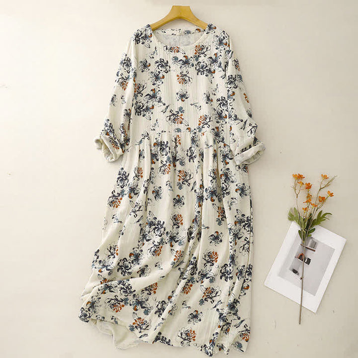 Buddha Stones Lässiges Boho-Kleid für Damen, Frühling/Herbst, mit Kordelzug, Blumenmuster, Rundhalsausschnitt, langen Ärmeln und Taschen - Beige - US14, UK/AU18, EU46 (2XL) - image 0