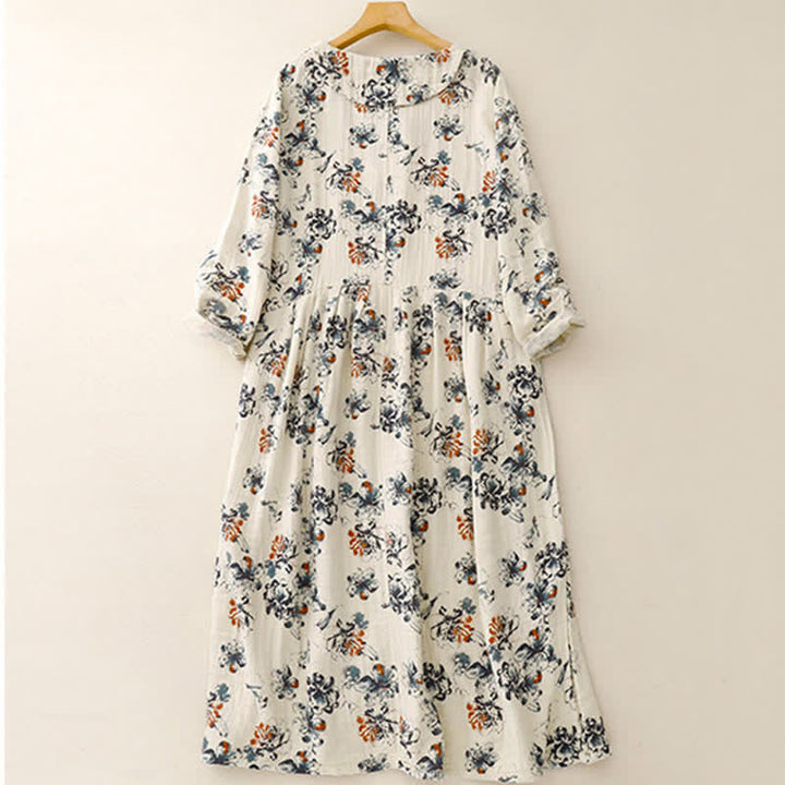 Buddha Stones Lässiges Boho-Kleid für Damen, Frühling/Herbst, mit Kordelzug, Blumenmuster, Rundhalsausschnitt, langen Ärmeln und Taschen - image 1