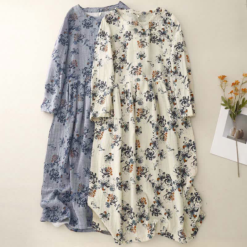 Buddha Stones Lässiges Boho-Kleid für Damen, Frühling/Herbst, mit Kordelzug, Blumenmuster, Rundhalsausschnitt, langen Ärmeln und Taschen - image 18