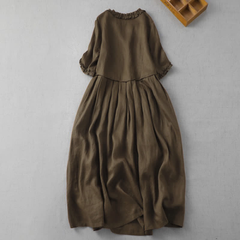 Buddha Stones Elegantes, minimalistisches, einfarbiges Damenkleid mit V-Ausschnitt, kurzen Ärmeln und Tasche für Frühling und Sommer. - image 1