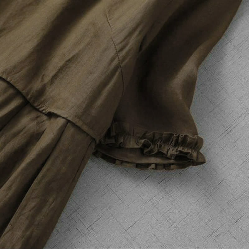 Buddha Stones Elegantes, minimalistisches, einfarbiges Damenkleid mit V-Ausschnitt, kurzen Ärmeln und Tasche für Frühling und Sommer. - image 5
