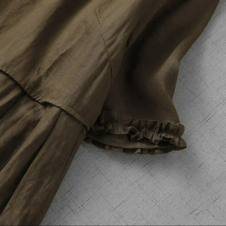 Buddha Stones Elegantes, minimalistisches, einfarbiges Damenkleid mit V-Ausschnitt, kurzen Ärmeln und Tasche für Frühling und Sommer. - image 5