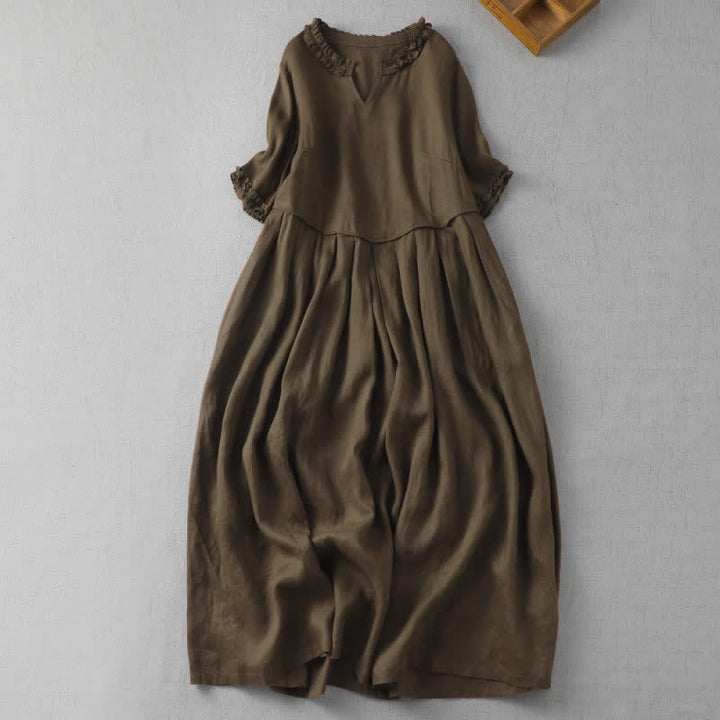 Buddha Stones Elegantes, minimalistisches, einfarbiges Damenkleid mit V-Ausschnitt, kurzen Ärmeln und Tasche für Frühling und Sommer. - Sattelbraun - US14, UK/AU18, EU46 (2XL) - image 0