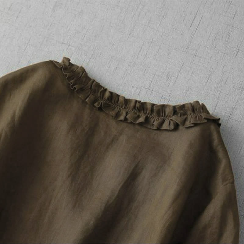 Buddha Stones Elegantes, minimalistisches, einfarbiges Damenkleid mit V-Ausschnitt, kurzen Ärmeln und Tasche für Frühling und Sommer. - image 3