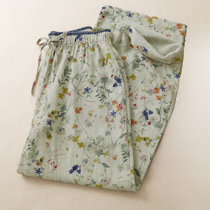 Buddha Stones Lässige Boho-Hose für Frühling und Sommer mit Kordelzug, Blumenmuster, weitem Bein und Tasche - image 2