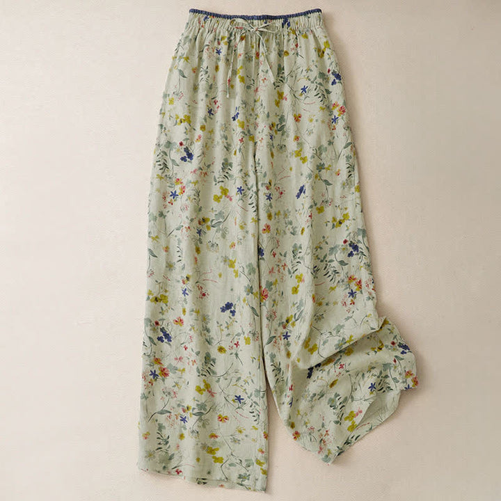 Buddha Stones Lässige Boho-Hose für Frühling und Sommer mit Kordelzug, Blumenmuster, weitem Bein und Tasche - Beige - US12, UK/AU16, EU44 (2XL) - image 0
