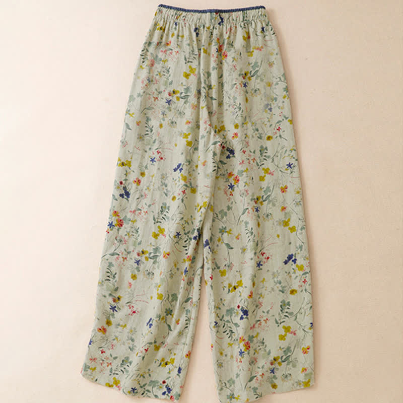 Buddha Stones Lässige Boho-Hose für Frühling und Sommer mit Kordelzug, Blumenmuster, weitem Bein und Tasche - image 1