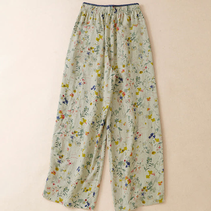 Buddha Stones Lässige Boho-Hose für Frühling und Sommer mit Kordelzug, Blumenmuster, weitem Bein und Tasche - image 1