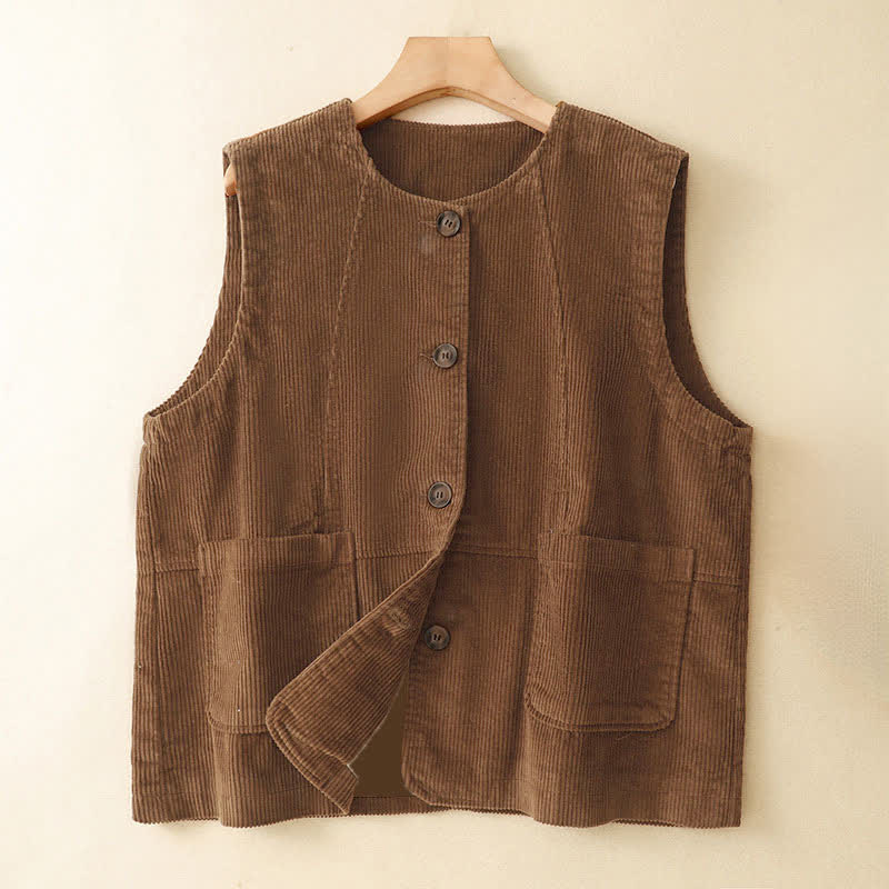 Buddha Stones Lässiges Vintage-Tanktop/Tanktop/Weste aus einfarbigem Cord für Damen mit Taschen für Herbst und Winter - Sattelbraun - US8-10, UK/AU12-14, EU40-42 (2XL) - image 0