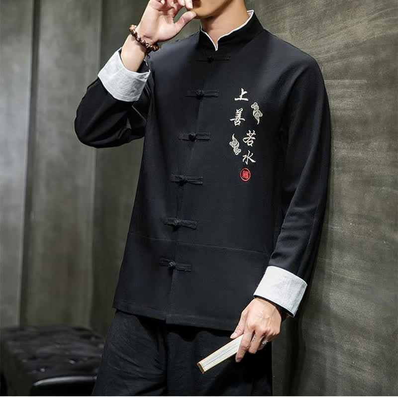 Buddha Stones Herbst/Winter Tang Style Vintage Mandarin Collar Frog Button Embroidery Character Solid Herren Langarmhemden - image 2