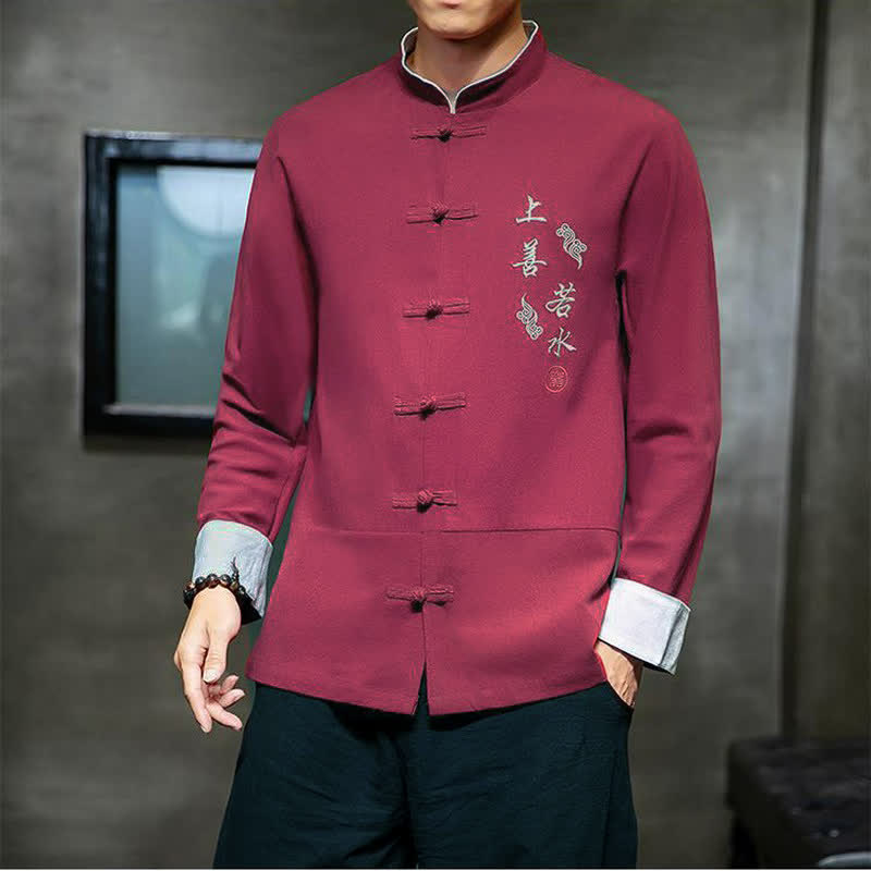 Buddha Stones Herbst/Winter Tang Style Vintage Mandarin Collar Frog Button Embroidery Character Solid Herren Langarmhemden - image 14