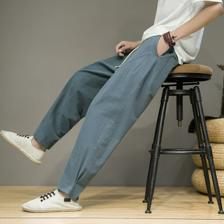 Buddha Stones Lässige, minimalistische Herren-Cropped-Hose mit Kordelzug und Taschen für Frühling und Sommer - Kadettenblau - US/UK/AU46, EU56 (5XL) - image 0