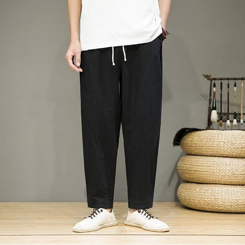 Buddha Stones Lässige, minimalistische Herren-Cropped-Hose mit Kordelzug und Taschen für Frühling und Sommer - Schwarz - US/UK/AU46, EU56 (5XL) - image 7