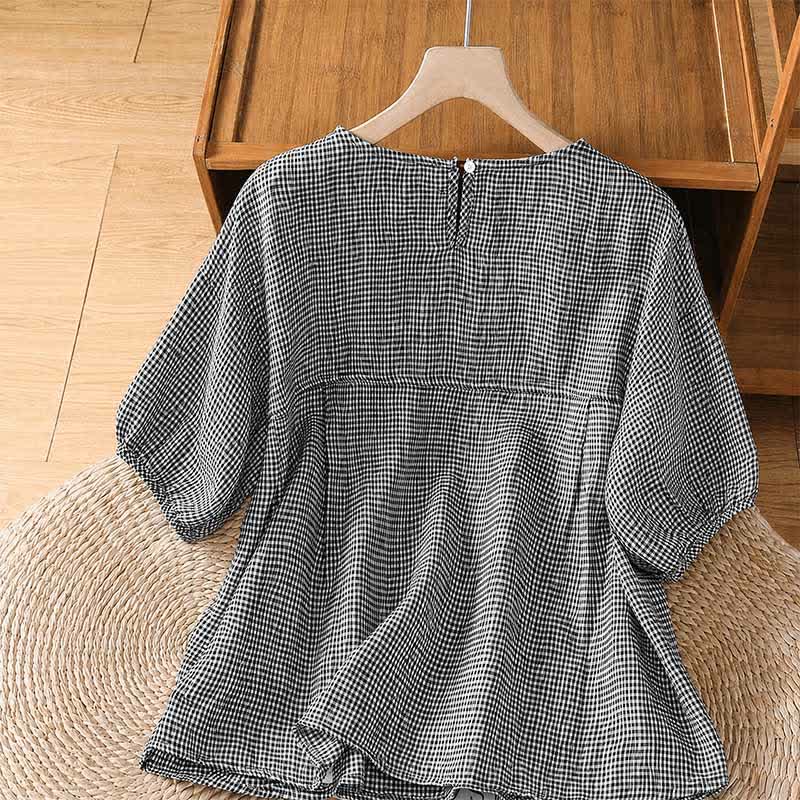 Buddha Stones Sommerliches, lässiges, minimalistisches kariertes Kurzarm-T-Shirt für Damen mit Rundhalsausschnitt - image 1
